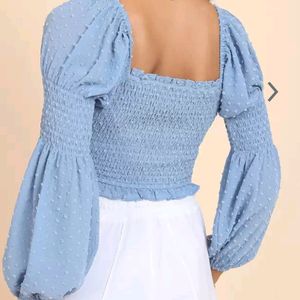 Dobby Puff Sleeve Smocked Crop Top