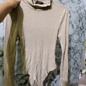 Forever 21 Full Sleeves Beige Ribbed Bodysuit