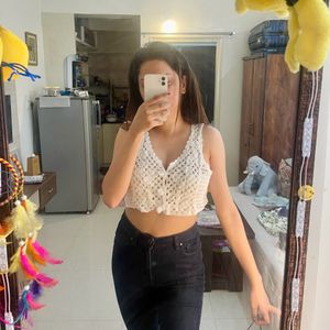 White Net Crop Top