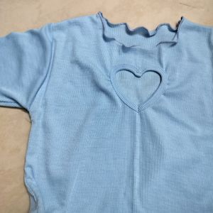 Heart Cut-out Light Blue Ribbed Top