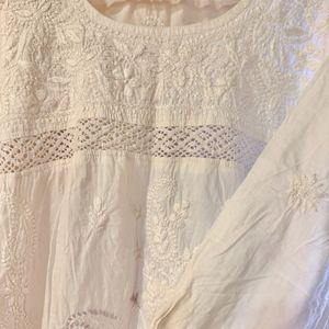 White Embroidered Chikankari Kurta, Bust- 36