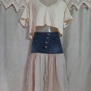 Set Of Zara Top & Flared Jean Skirt