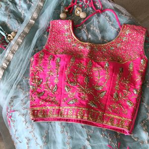 Pink And Sea Green Lehnga With Dupatta