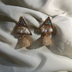 Triangle Rose Gold Earring, Long Peacock Earring