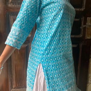 Bright Blue Straight Chikankari Kurti