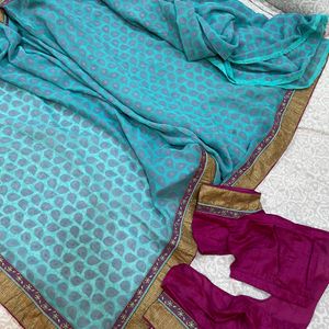 ESBeautiful Blue Combination Saree Witn Stitched B