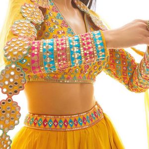 new Yellow unstitched lehnga with bag