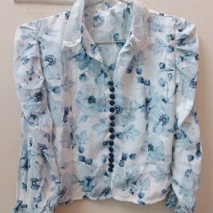 White With Blue Flower Printed Top