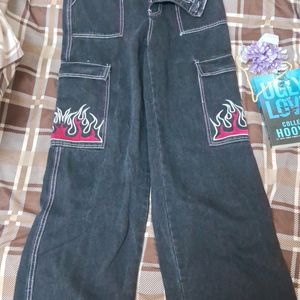 Black Baggy Jeans With Red Flames !!