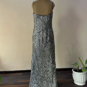 Silver Square Sequins Heavy Embellished Slit Dress