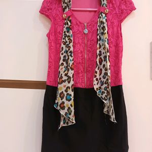 Pink and Black short dress, with printed Scarf