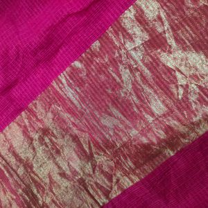 Hot Pink Artsilk With Golden Zari Border