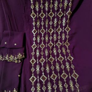 Purple Embroidered N Stones Work Suit