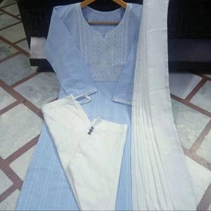 Khadi Cotton Kurta, Pant And Dupatta Set