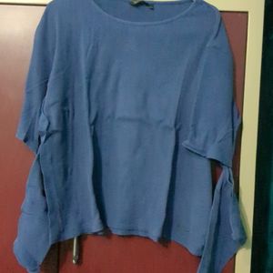 Blue Ribbed Full Tshirt With Cut Sleeves Design