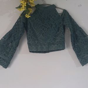 Elegant Cut Shoulder Green Embroidered Crop Top