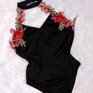 Flower Applique Beautiful Bodysuit With Deep Back