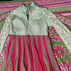 Pink And Golden Anarkali Dress