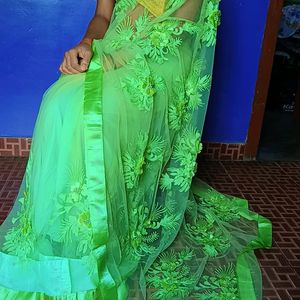 Green 💚 Colour Net Saree With Full Flower Design