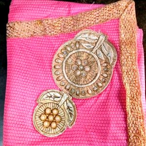 Rose And Golden Work Net Saree