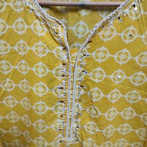 lemon yellow n white kurta set