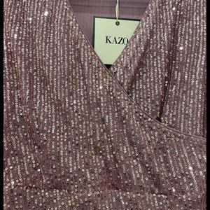 Champagne V Neck Sequin Gown