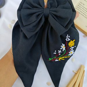 Handmade Black Embroidered Bow Clip