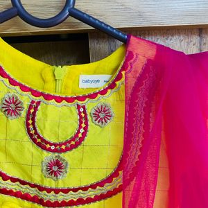 BabyOye Yellow&pink Anarkali Suit Set