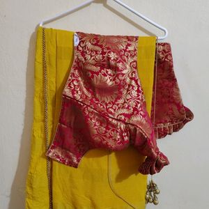 Yellow And Gold Saree With Red Banarasi Silkblouse