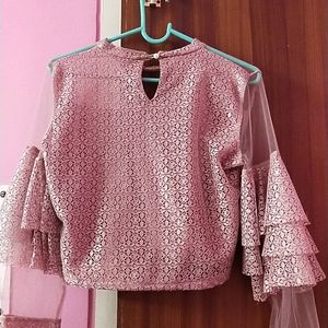 Pink Mesh Offshoulder Looking Net Top