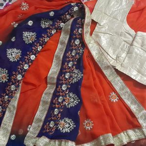 New Orange And Blue Saree With Blouse