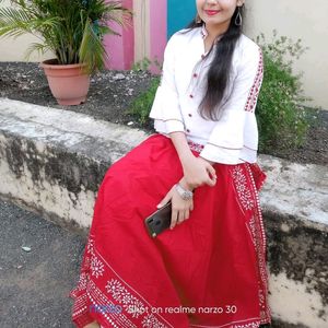 White Top And Red Side Cut Long Skirt (Ethnic Wear)