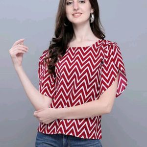 Maroon And White Stripes Petal Sleeves Party Top