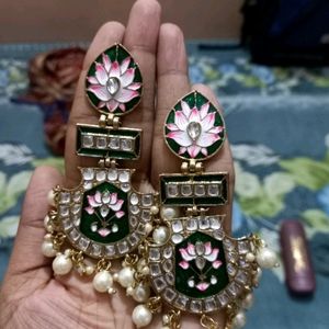 Lotus Green And Pink Meena Kundan Chandbali