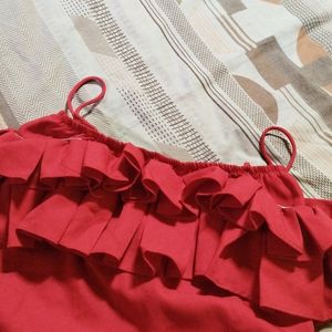 Red Off/Cold Shoulder Sleeves Pleated Ruffles Top