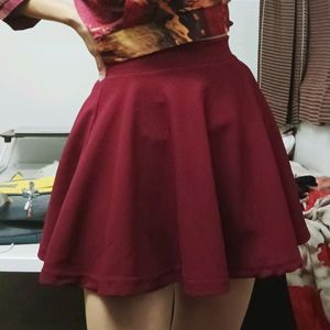 Maroon Solid Flared Mini Skirt