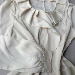 New Cream Ruffled Neck Korean Shirt