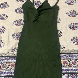 Dark Olive Green Knotted Ribbed Bodycon Dress