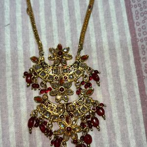 AD Double Pendant Necklace In Gold Nd Red Colour