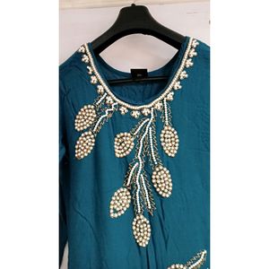 Pearl Embroidery Kurti With White Trauser