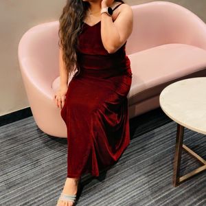 Maroon Velvet Party Wear Dress With Slit