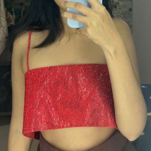 Red Rhinestone Crop Top By Zara