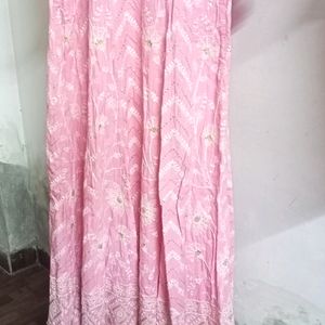 White-Gold Embroidery Pink Anakarkli Cotton Kurta