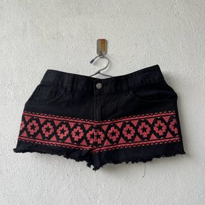 Black Denim Embroidered Shorts