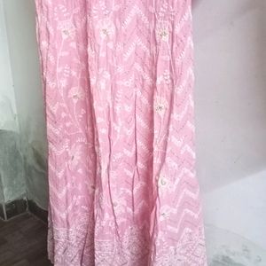 White-Gold Embroidery Pink Anakarkli Cotton Kurta