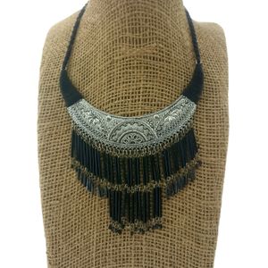 Black and oxidised silver-toned statement necklace