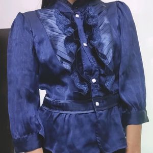 Korean Navy Blue Lace Shirt Top