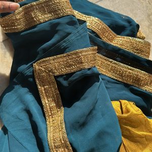 Teal Saree With Unstitched Blouse