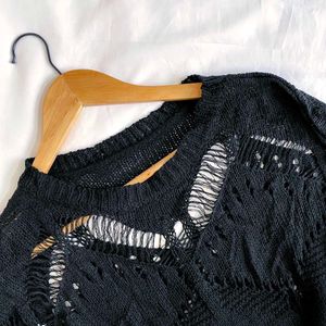 Y2k Crochet Distressed Black Oversized Top