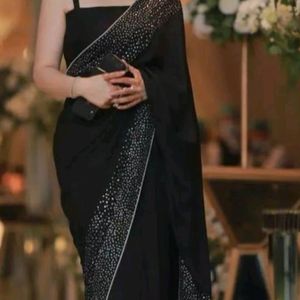 Jet Black Georgette Saree With Blouse Piece